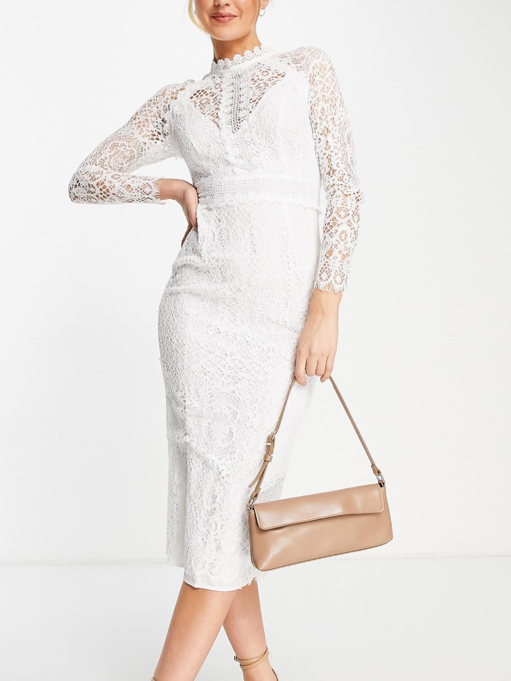 REVOLVE White Lace Long-Sleeve Midi Dress with High Neck
